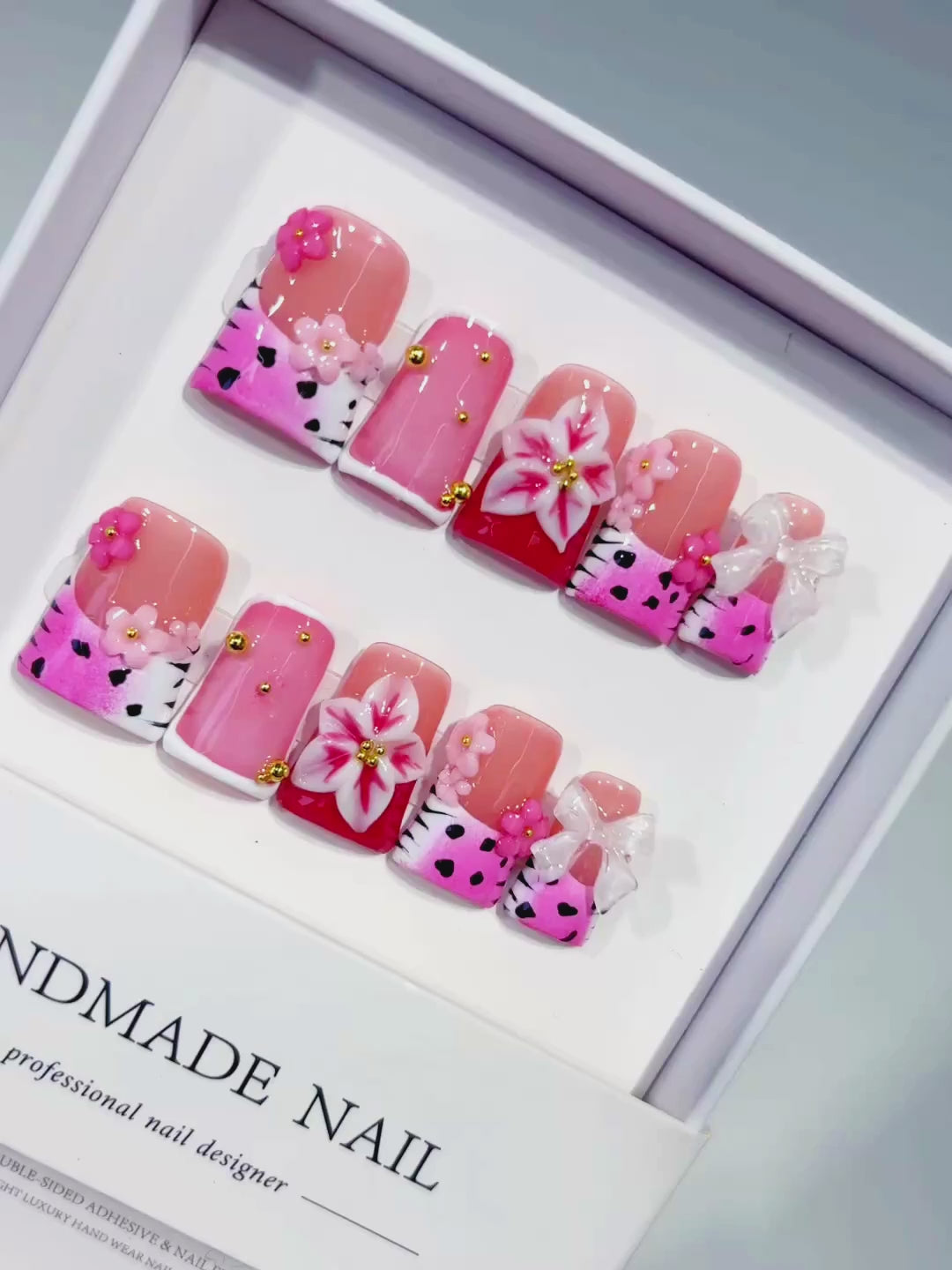 Pink White Red Silver Abstract Heart Hello Kitty Bow Rhinestone 3D press on nails video