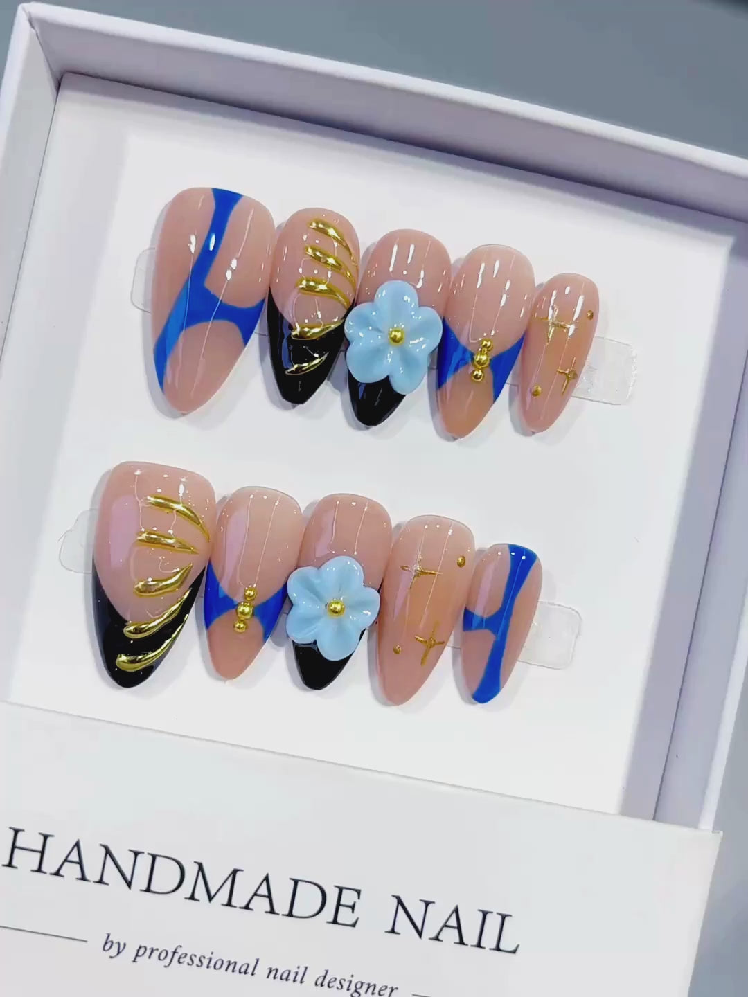 Nude Blue Black Gold Abstract Flower Metallic Charm press on nails video