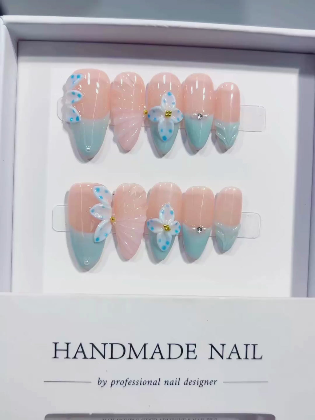 Nude Blue White French tip Flower Bow Shell press on nails video