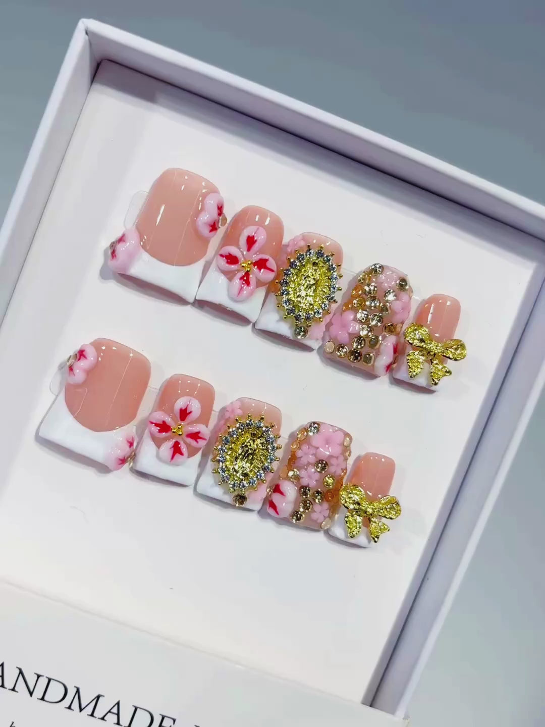 Nude White Pink Gold French tip Flower Bow Rhinestone press on nails video