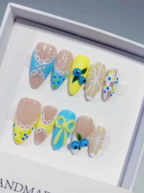 Nude Yellow Blue Abstract Fruit Bow Flower press on nails video