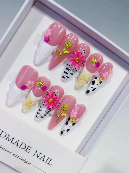 Pink White Black Gold Abstract Flower Shell Animal Print Metallic Charm press on nails video