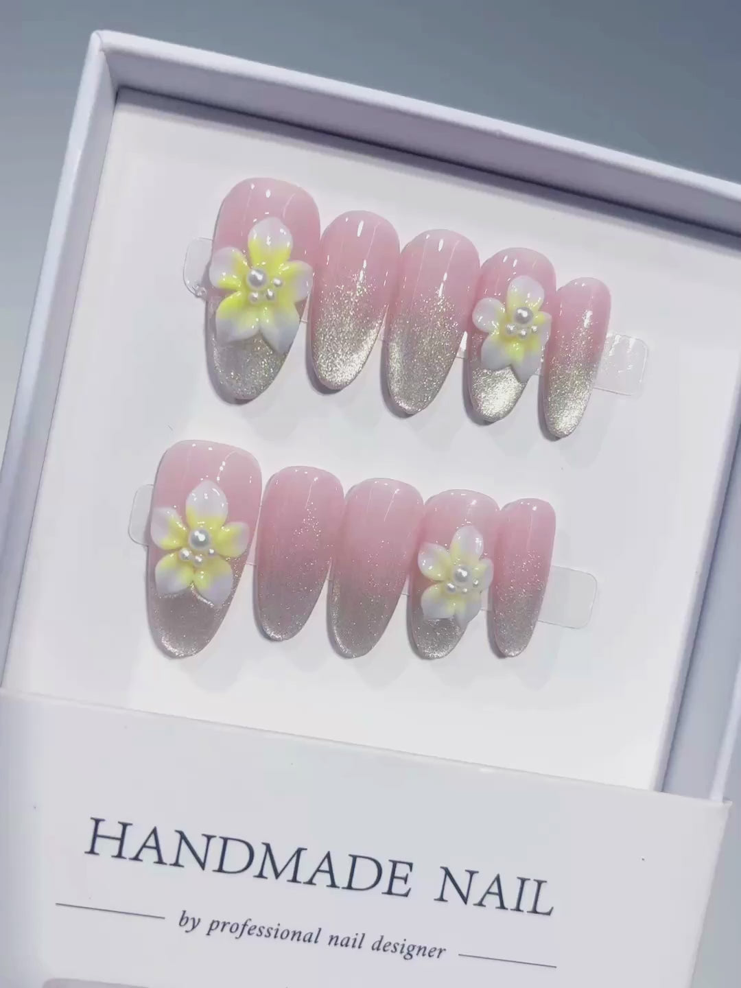 Pink Silver White Yellow Glitter Flower Pearl press on nails video