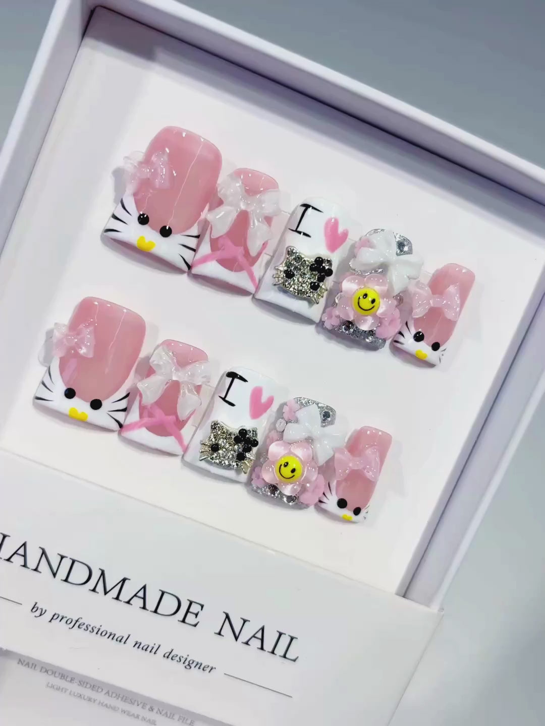 Pink White Black Silver Abstract Bow Smile Text Hello Kitty Rhinestone 3D press on nails video