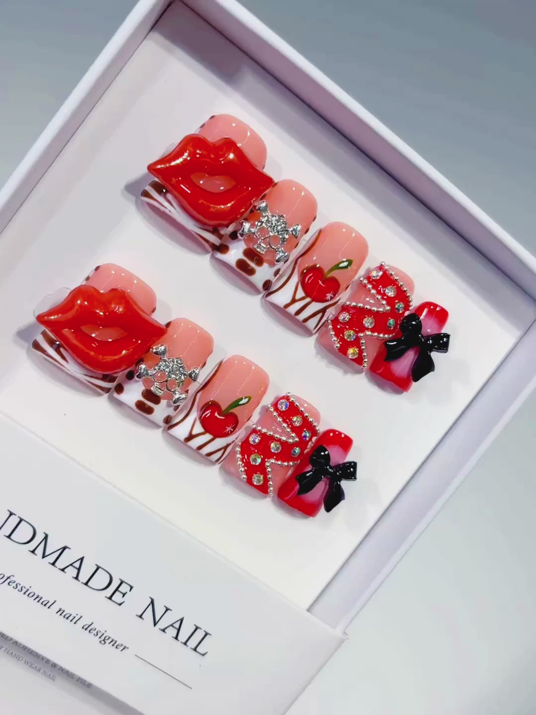 Nude Red Pink White Black Silver Abstract Lip Apple Bow Rhinestone 3D press on nails video