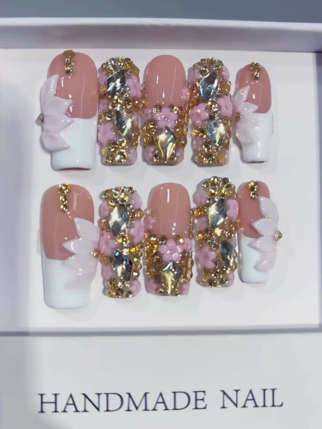 Nude White Gold French tip Flower Bow Rhinestone 3D press on nails video