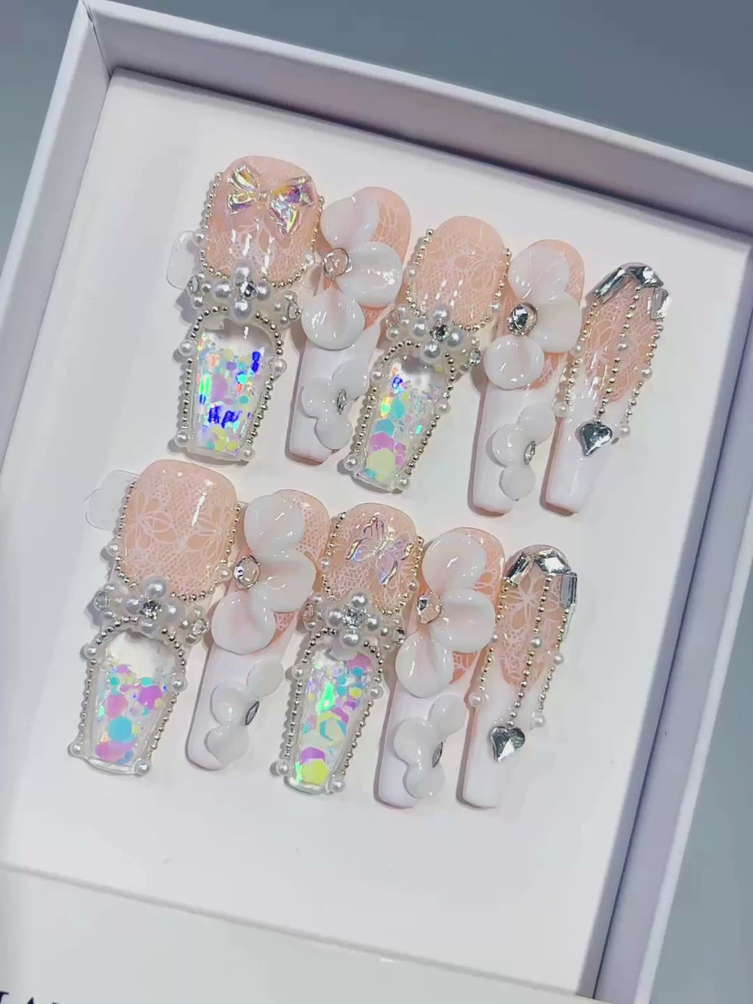 Nude White Silver Multicolor Solid color Bow Flower Heart Pearl Rhinestone 3D press on nails video