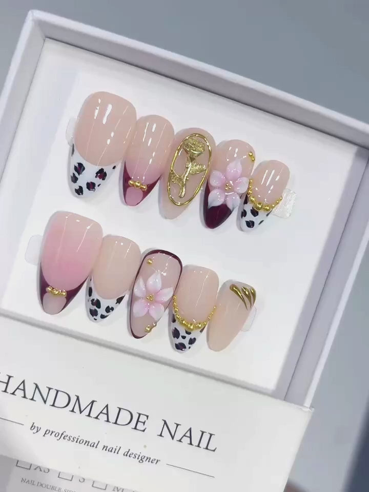 D667 - Medium Nude Pink Almond Patchwork French 3D Flowers - product video 1