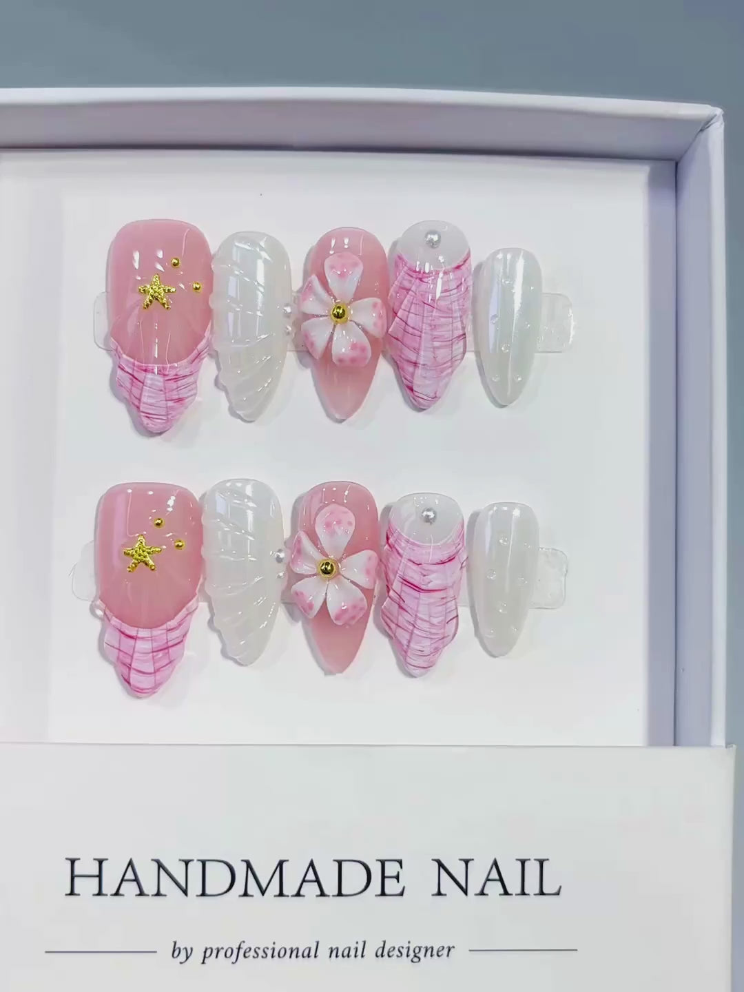 Pink White French tip Flower Shell Star press on nails video