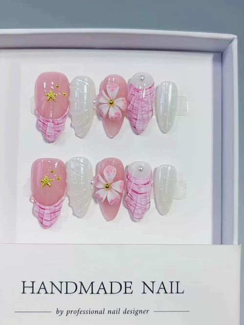 Pink White French tip Flower Shell Star press on nails video