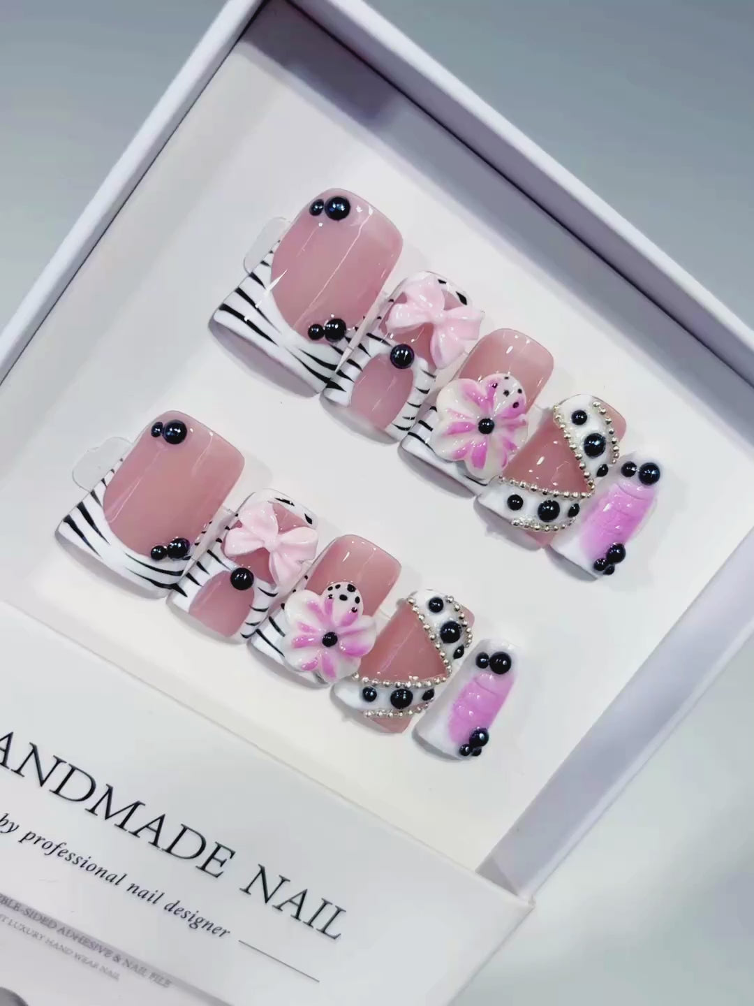 Pink White Black Abstract Bow Flower Pearl 3D press on nails video