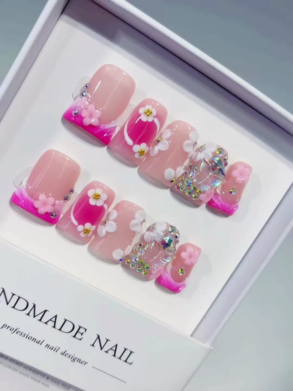 Pink White Silver Abstract Flower Rhinestone press on nails video
