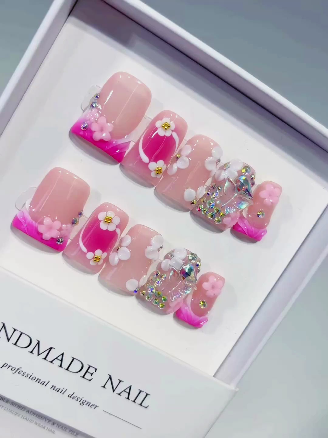 Pink White Silver Abstract Flower Rhinestone press on nails video