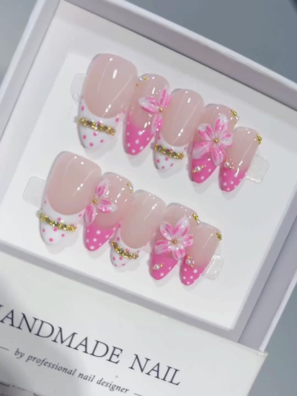 D657 - Medium Nude Pink Almond French Tip Polka Dot Bows - product video 1