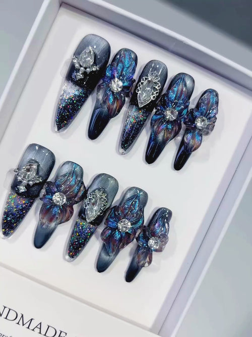 Black Blue Silver Multicolor Glitter Flower Heart Rhinestone Metallic Accent 3D press on nails video