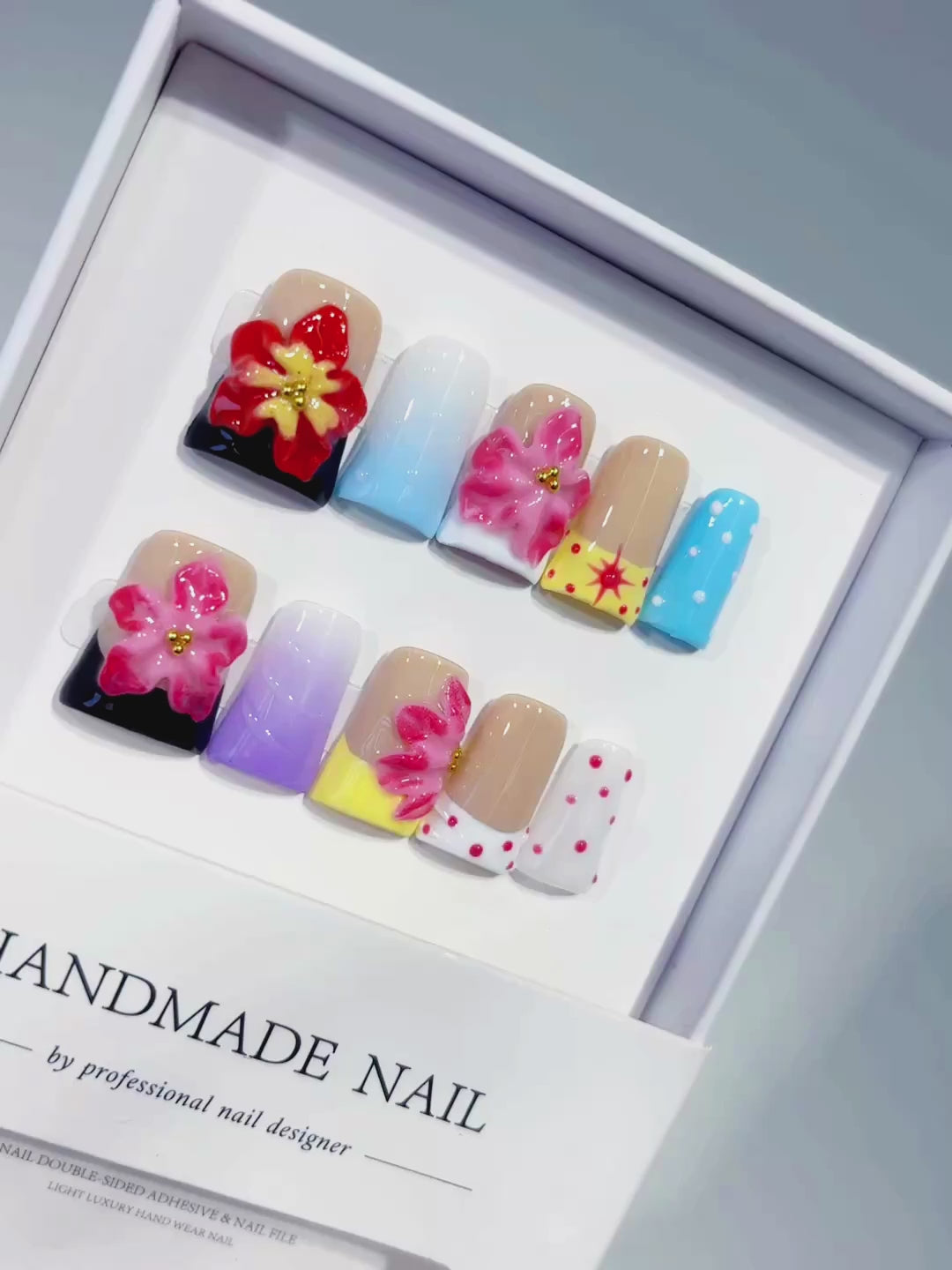 Black Red Pink Blue White Yellow Abstract Flower Dot Pattern 3D press on nails video