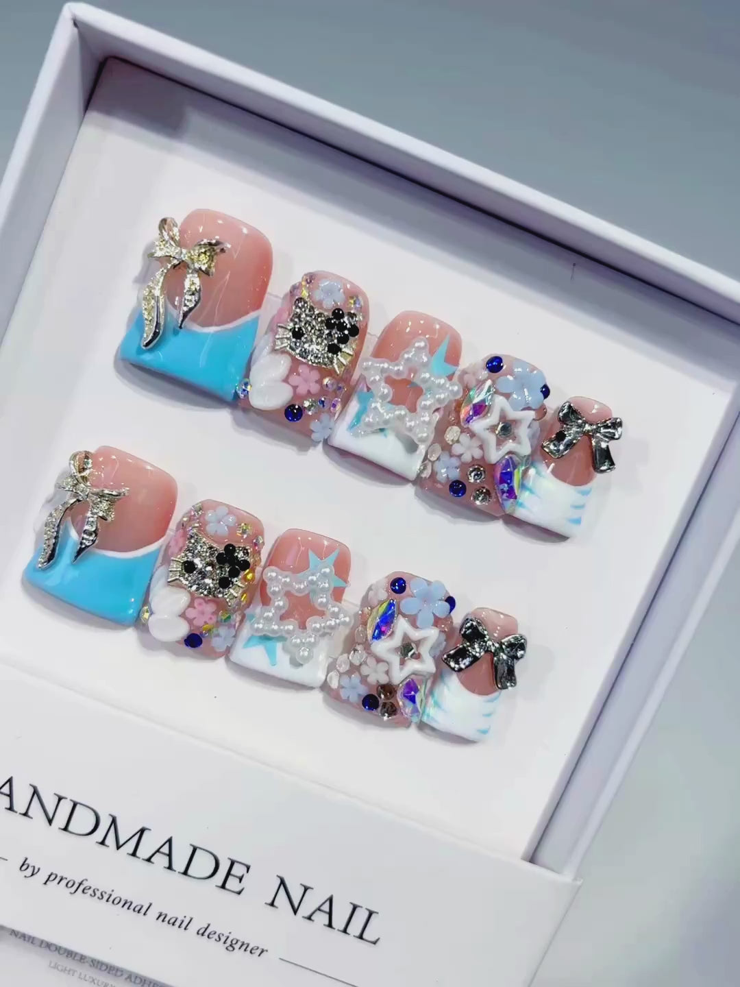 Nude Blue White Silver Abstract Bow Flower Star Rhinestone 3D press on nails video
