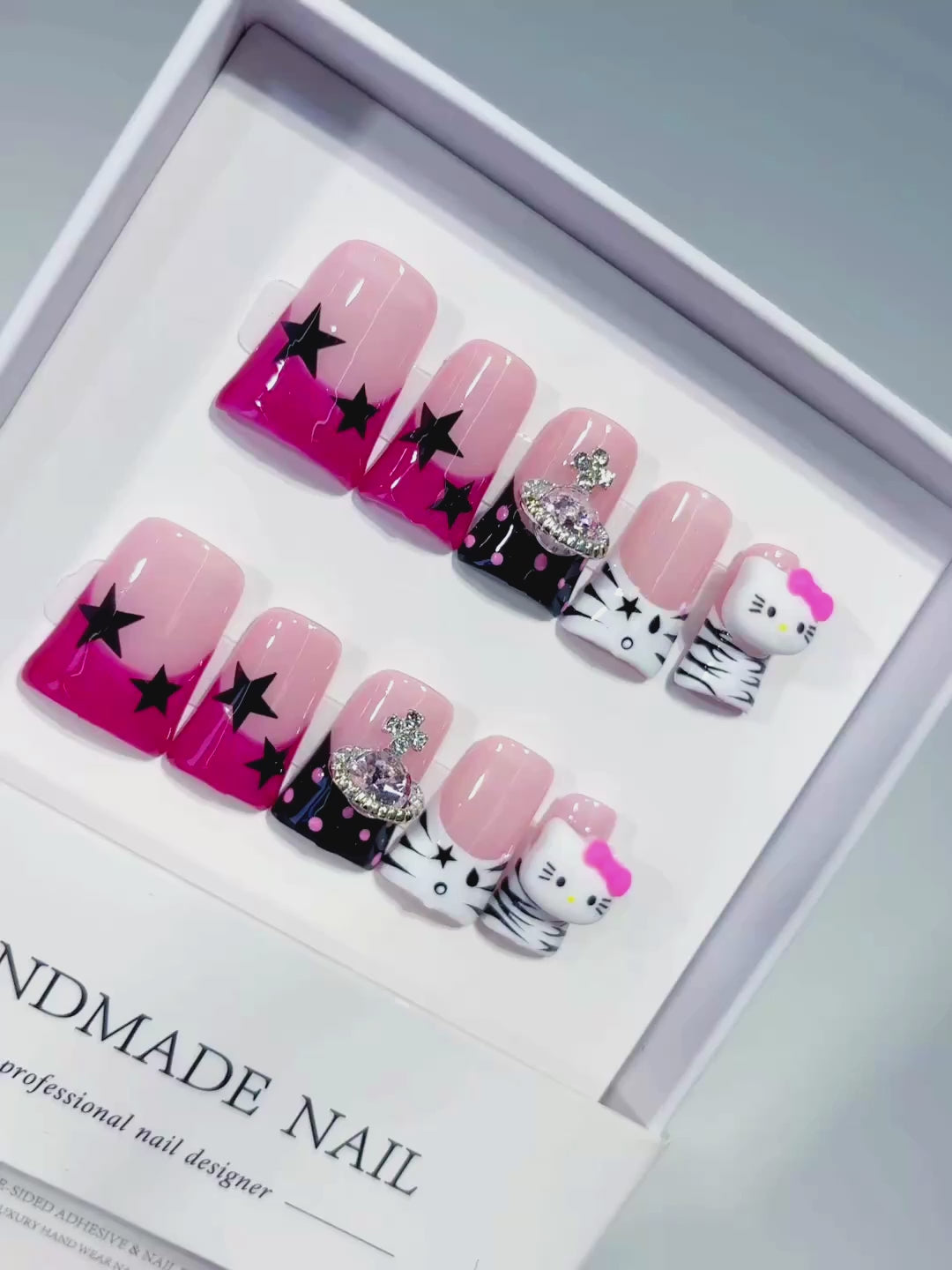 Pink White Black French tip Bow Hello Kitty 3D press on nails video