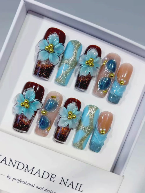 Brown Blue Gold Nude Silver Abstract Flower Glitter Pearl 3D Texture press on nails video