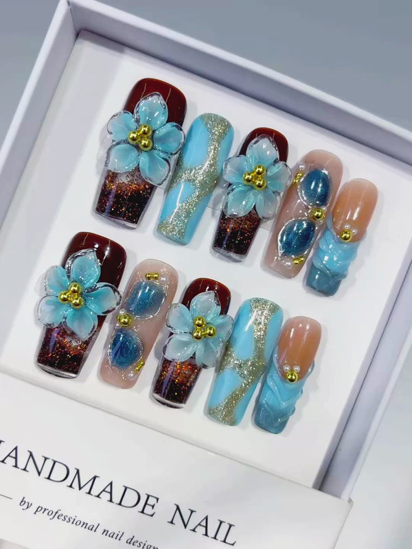 Brown Blue Gold Nude Silver Abstract Flower Glitter Pearl 3D Texture press on nails video