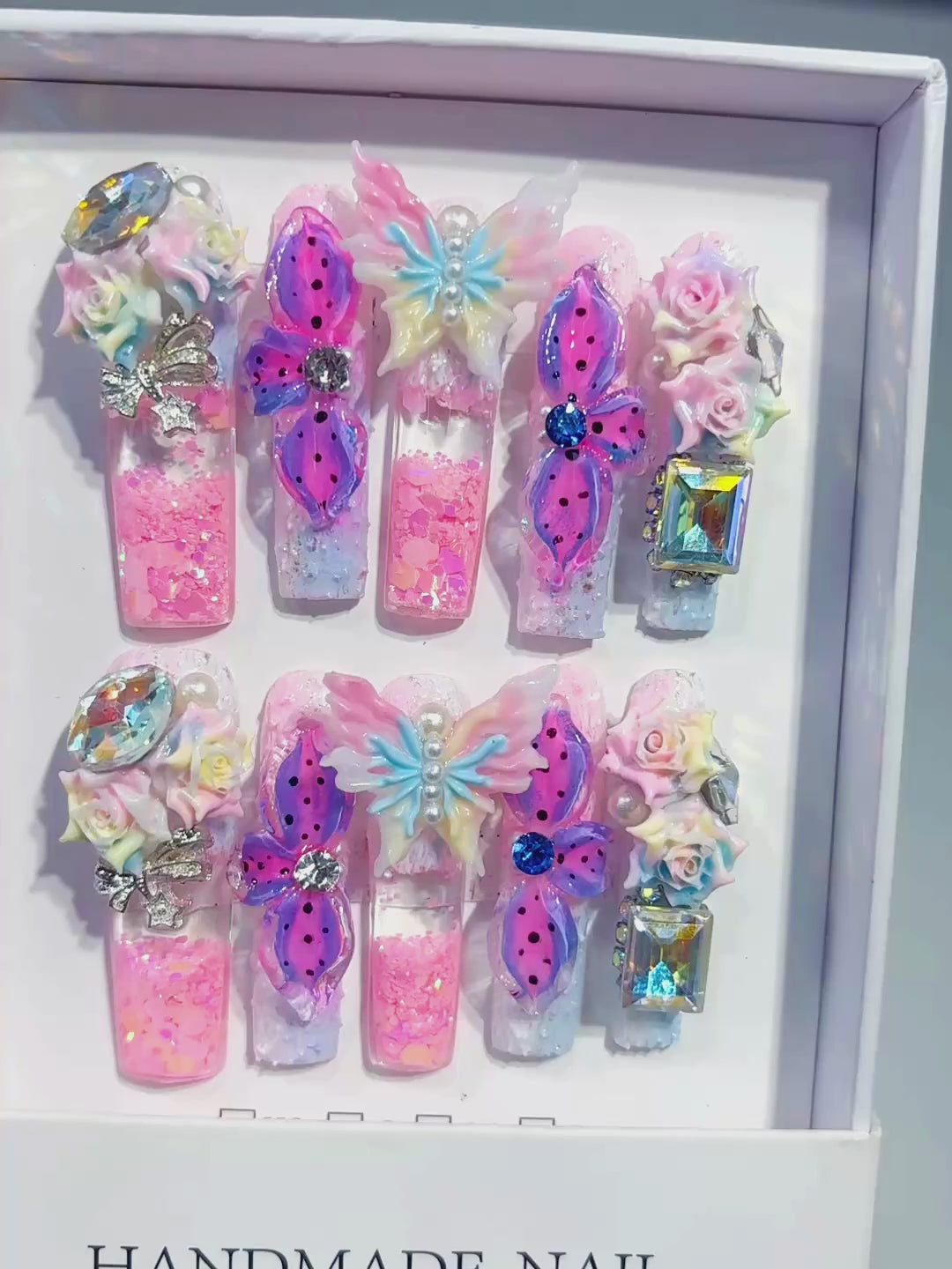 Pink Purple White Silver Multicolor Glitter Butterfly Flower Rose Rhinestone Crystal Cluster 3D press on nails video