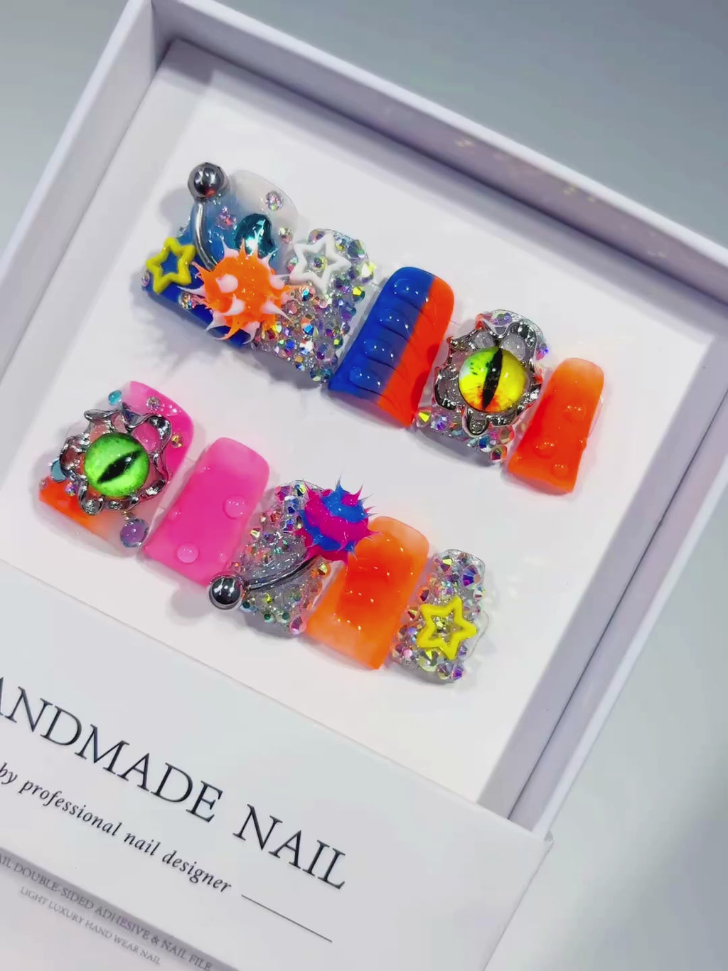 Blue Orange Pink Silver Black Yellow Abstract Star Eye Rhinestone 3D press on nails video