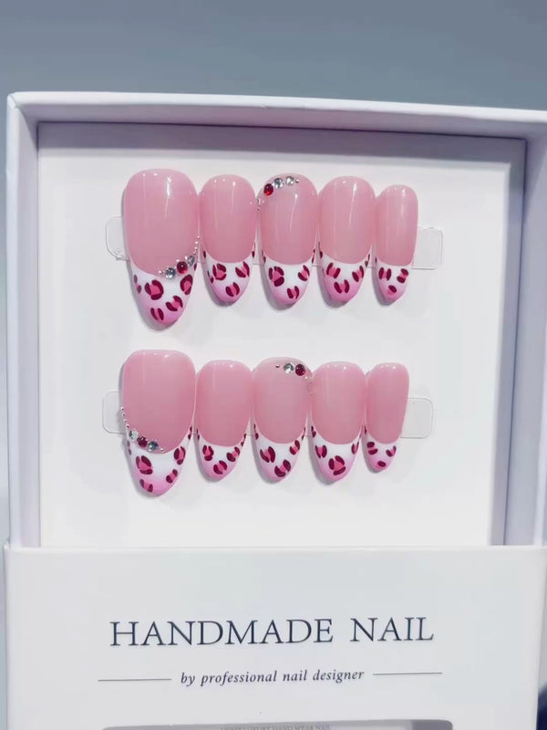 Pink White French tip Animal Print Rhinestone press on nails video
