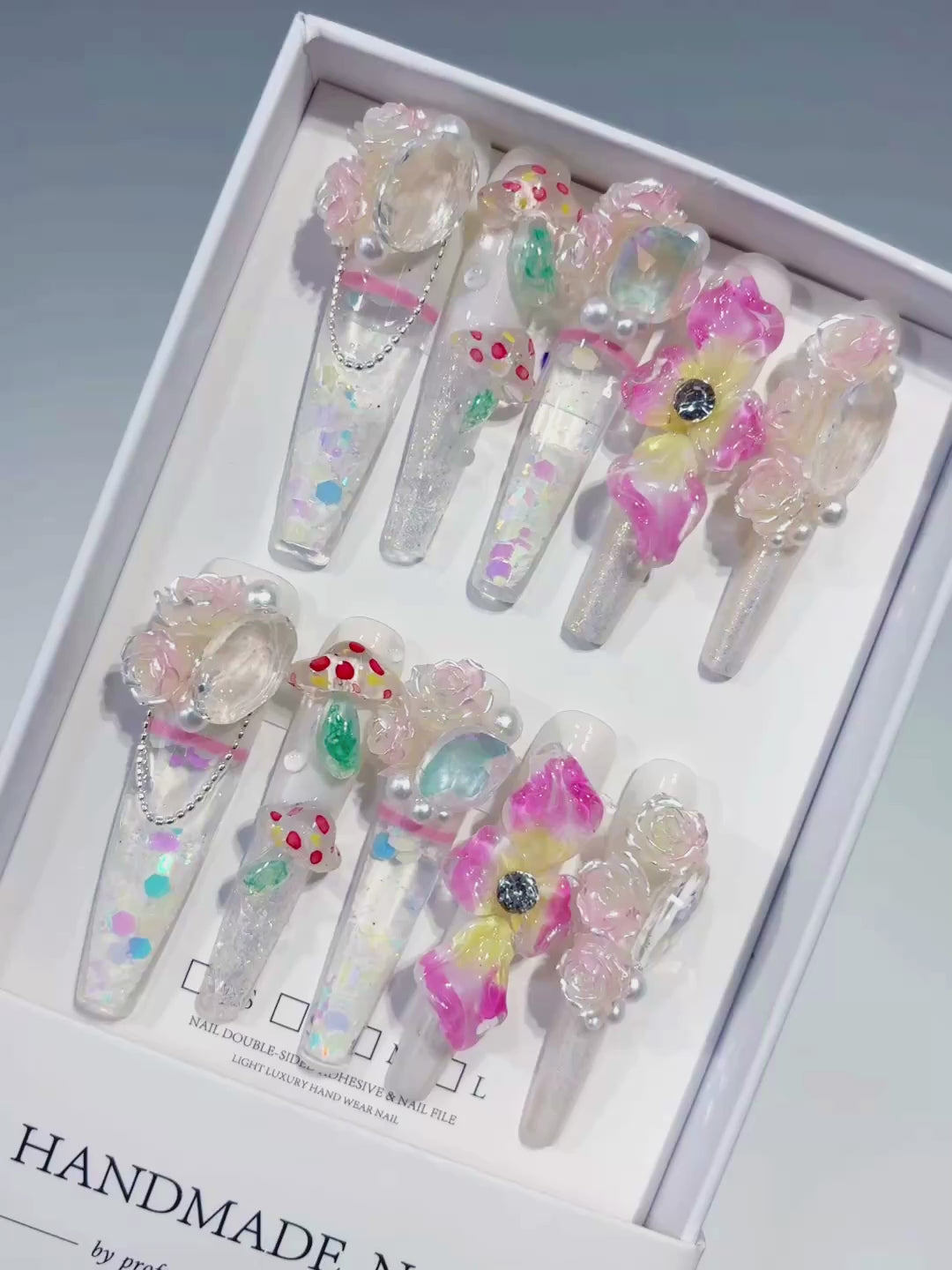 White Pink Yellow Green Silver Multicolor Abstract Flower Rose Mushroom Pearl Glitter 3D press on nails video
