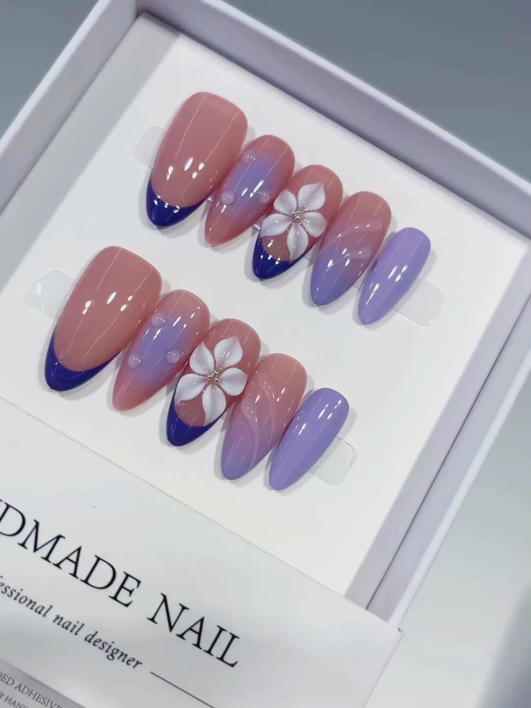 Nude Purple White French tip Flower Shell press on nails video