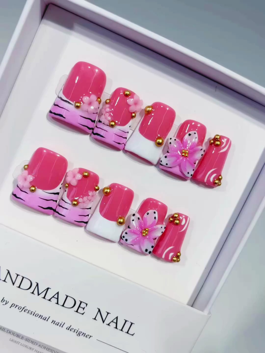 Pink White Black Gold Abstract Flower Animal Print Stud press on nails video