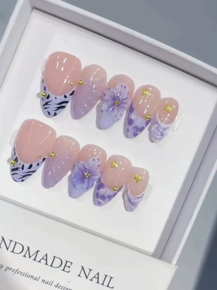 D664 - Medium Nude Lavender Almond French Tip Polka Dot Flowers - product video 1