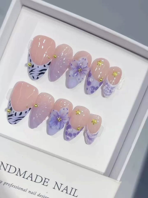 D664 - Medium Nude Lavender Almond French Tip Polka Dot Flowers - product video 1