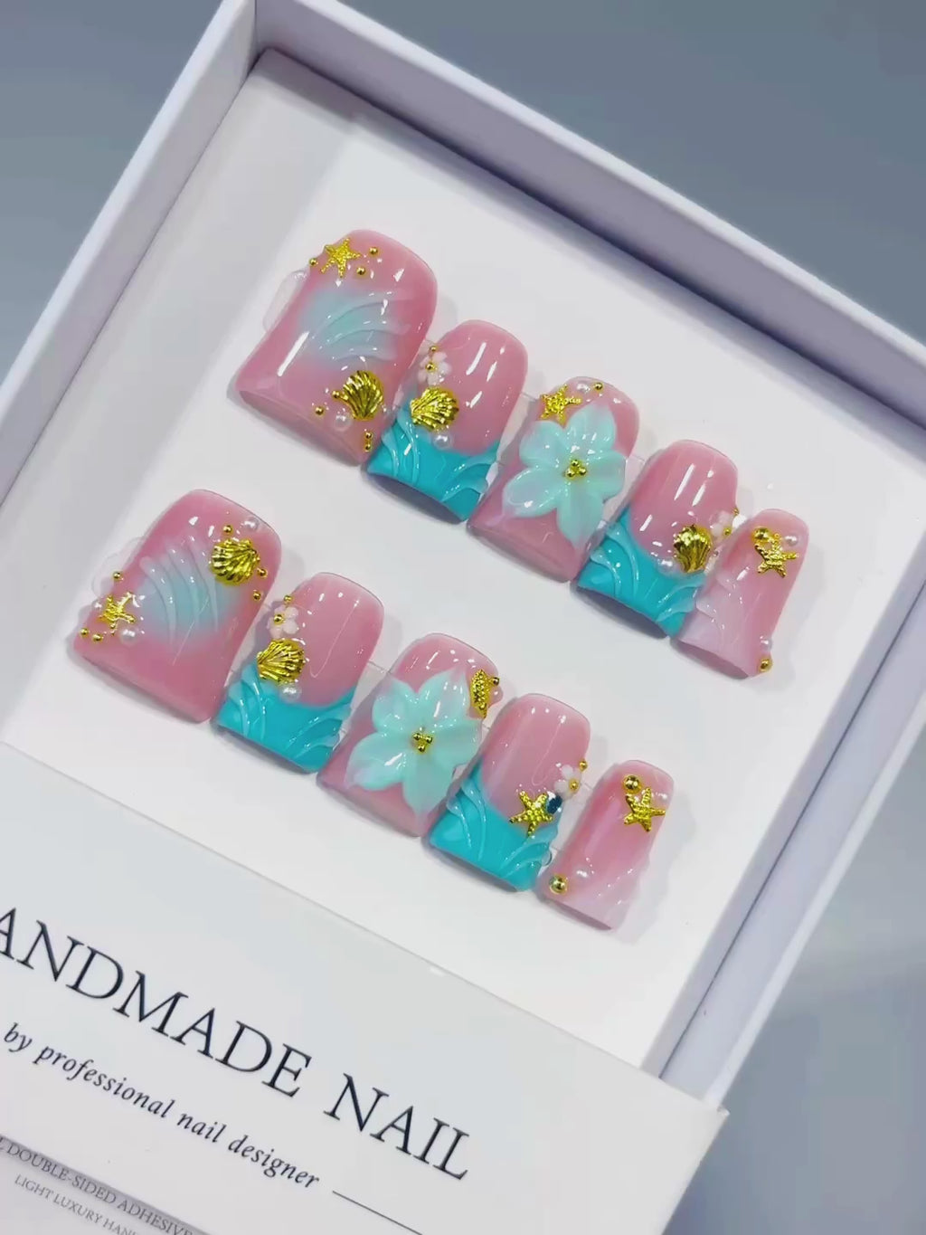 Pink Blue White Gold French tip Flower Rhinestone 3D press on nails video