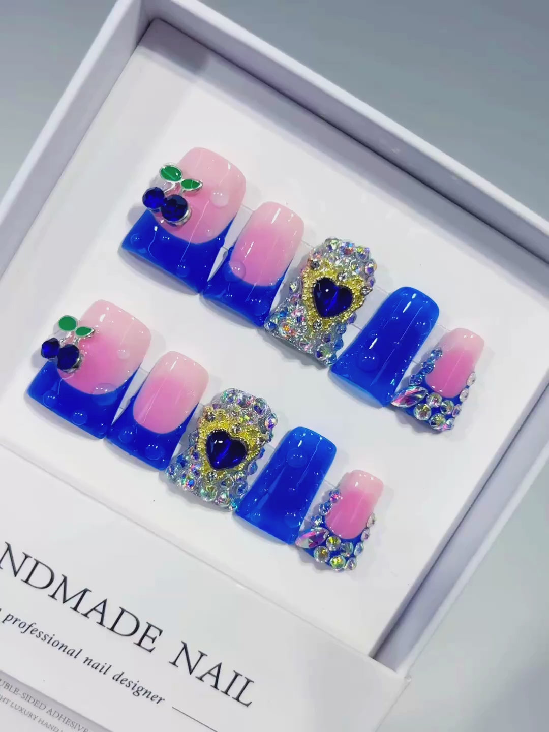 Pink Blue Purple Silver Ombre Heart Rhinestone press on nails video