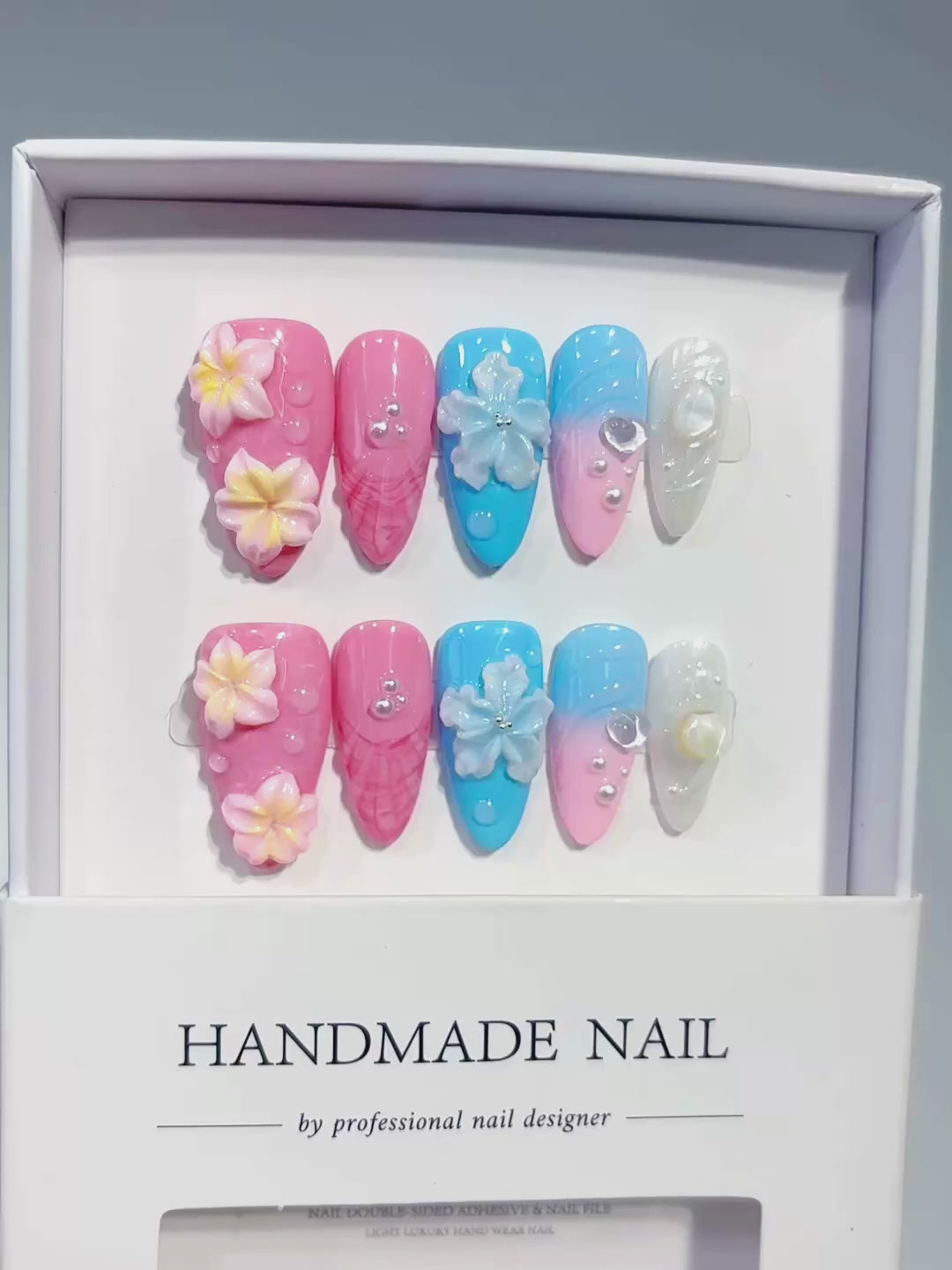 Pink Blue White Silver Abstract Flower Shell Pearl press on nails video