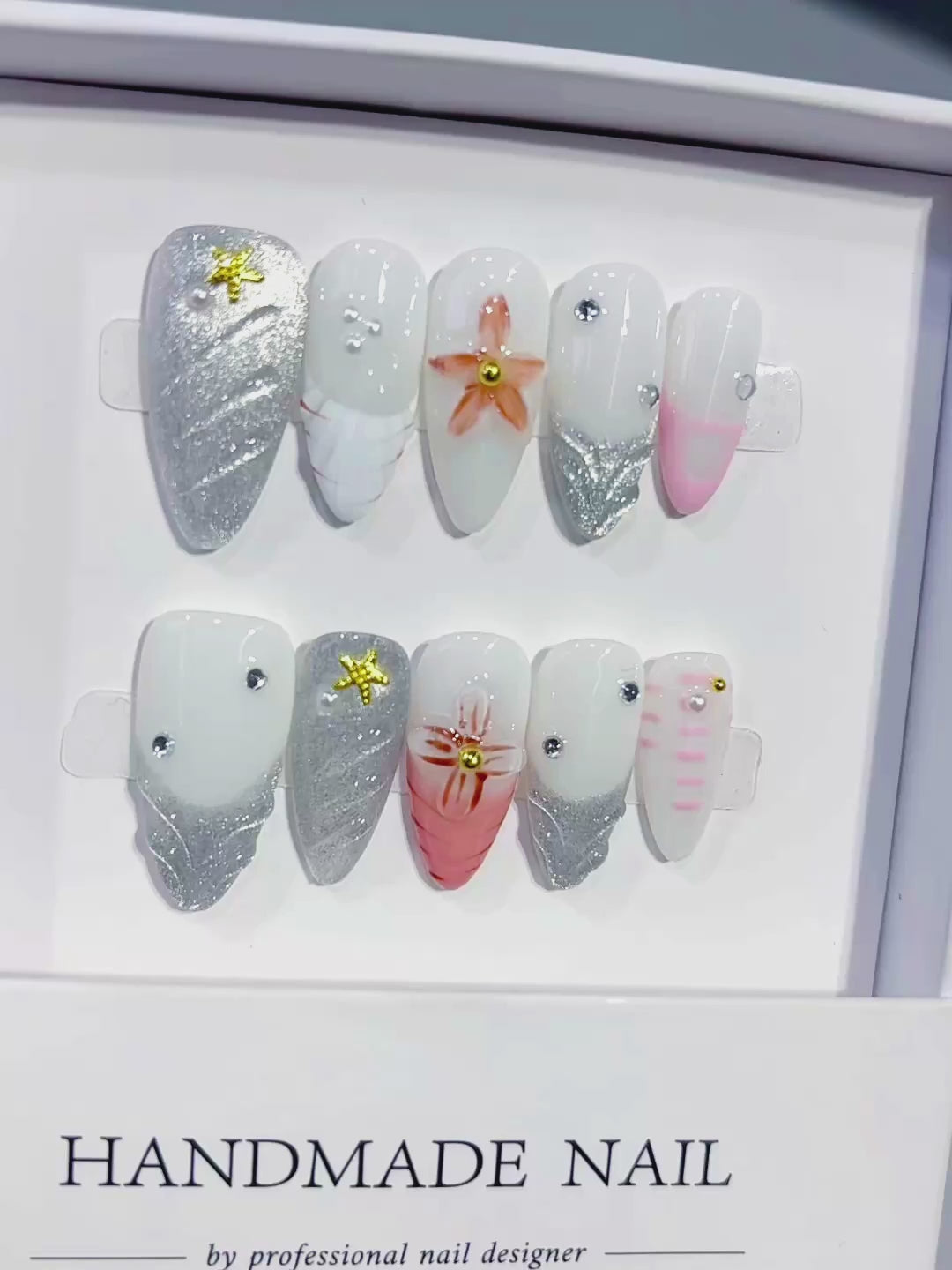 White Silver Orange Pink Glitter Flower Star Shell press on nails video