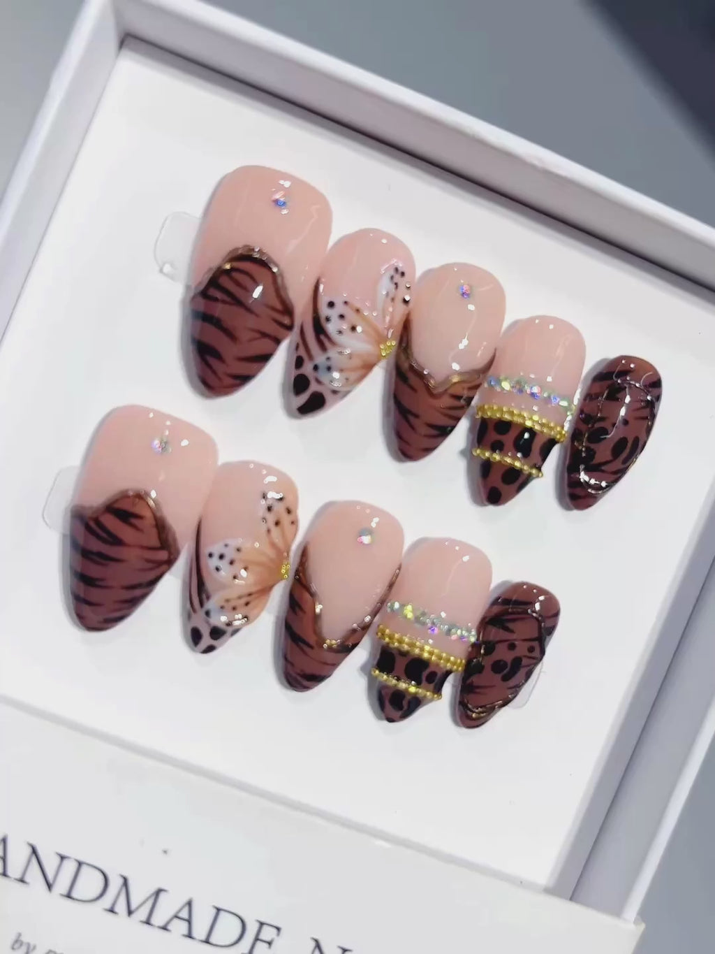 D648 - Medium Nude Brown Almond Abstract Line French 3D Flowers - product video 1