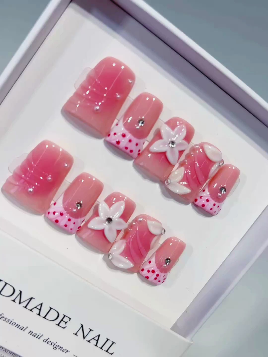 Pink White Silver Abstract Bow Heart Flower Rhinestone 3D press on nails video