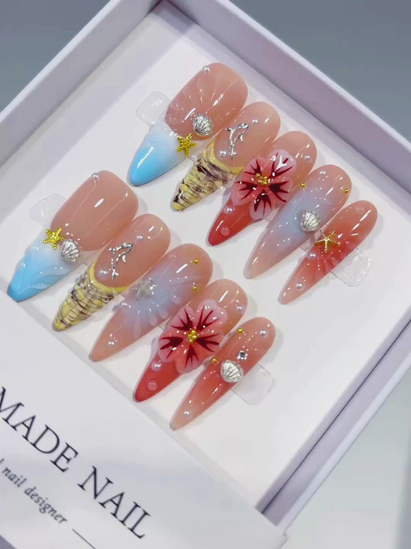 Nude Blue Orange Gold Abstract Flower Shell Star press on nails video