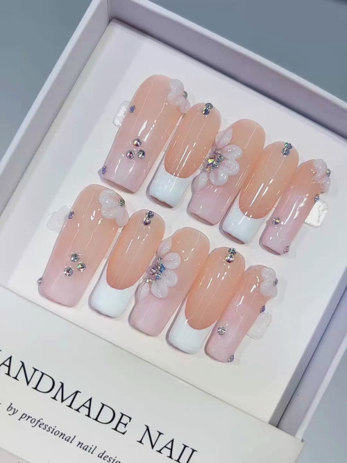 Nude White Silver French tip Flower Rhinestone press on nails video
