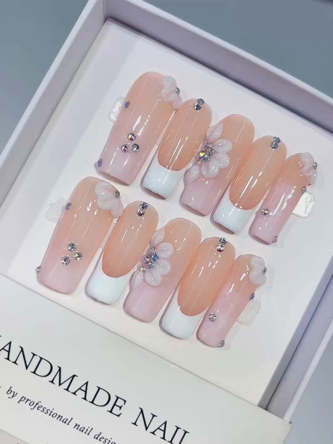 Nude White Silver French tip Flower Rhinestone press on nails video