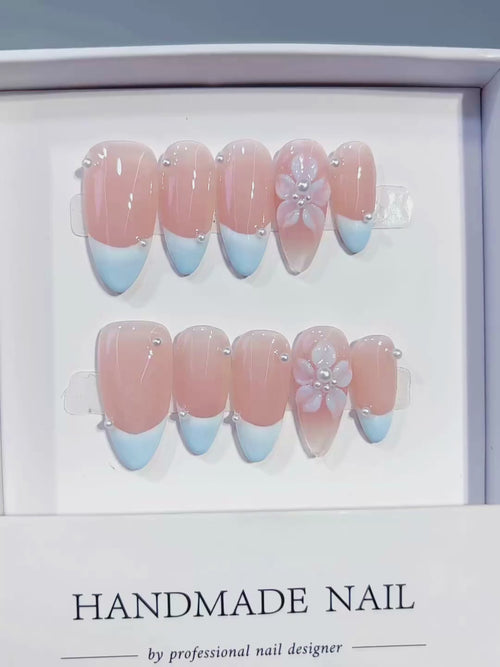 Nude Blue White Pink French tip Flower Pearl press on nails video