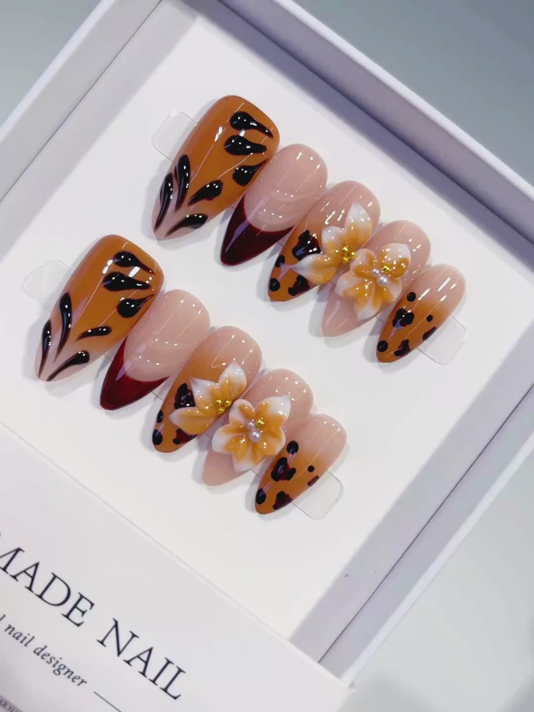Brown Red Nude Abstract Flower Animal Print press on nails video