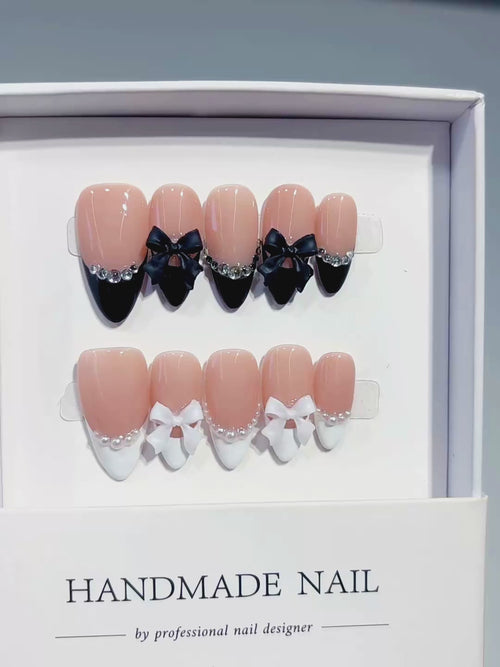 Nude Black White French tip Bow Pearl Rhinestone press on nails video