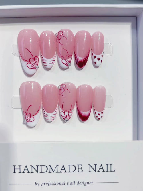 Pink White Red French tip Floral Dot Pattern press on nails video