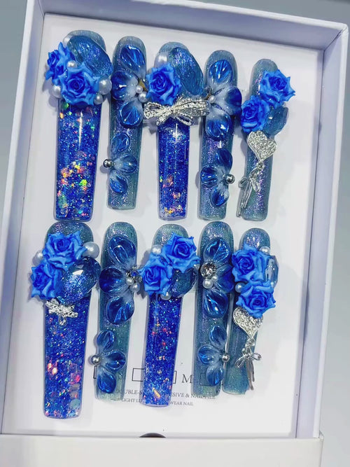 Blue Silver Multicolor Glitter Rose Bow Heart Pearl Rhinestone 3D press on nails video