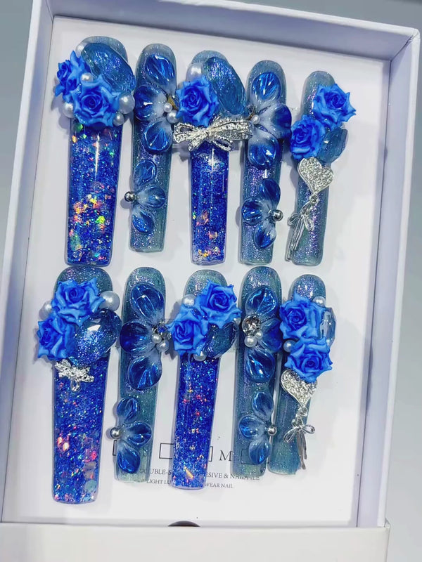 Blue Silver Multicolor Glitter Rose Bow Heart Pearl Rhinestone 3D press on nails video