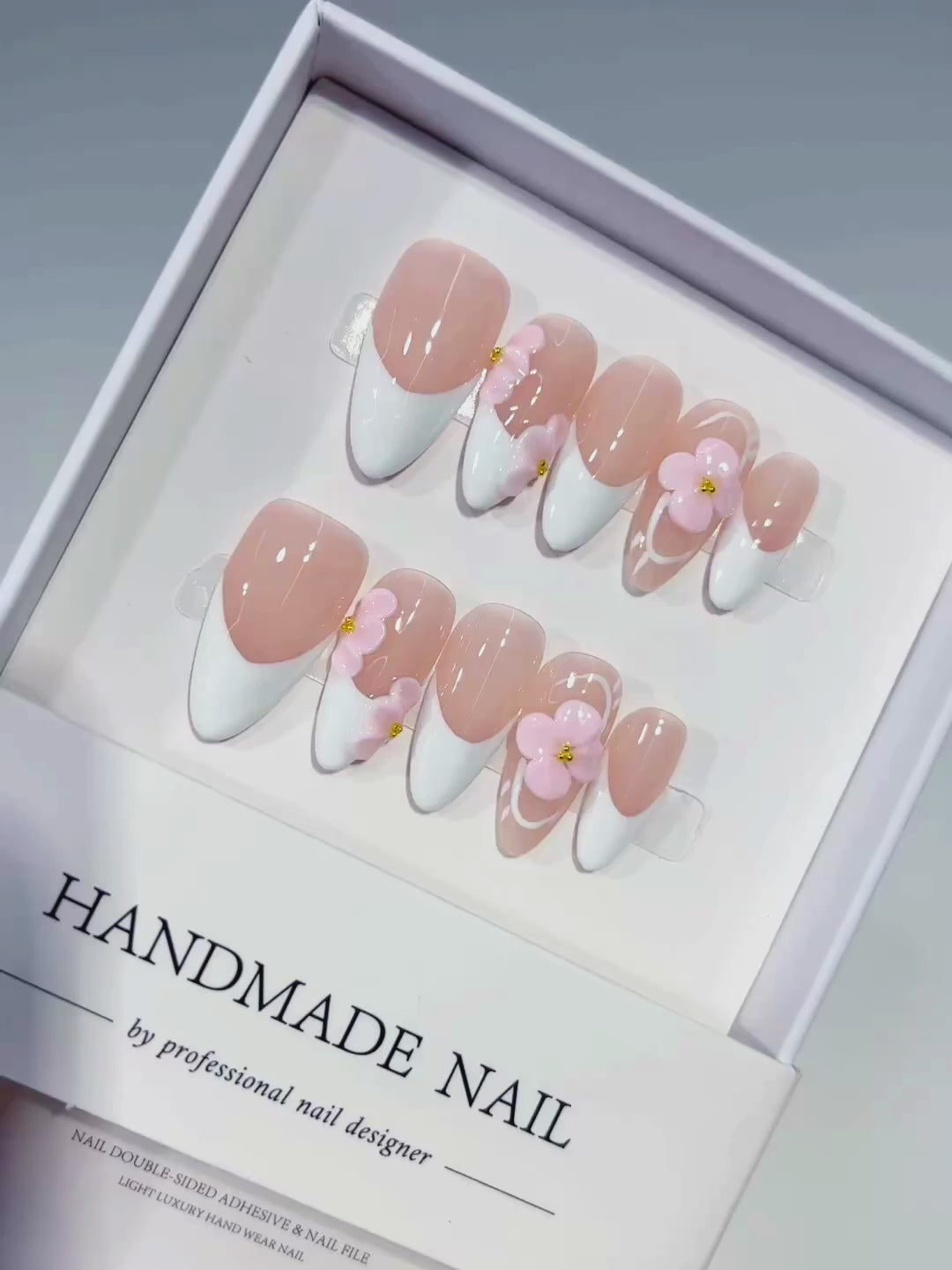 Nude White Pink French tip Flower press on nails video
