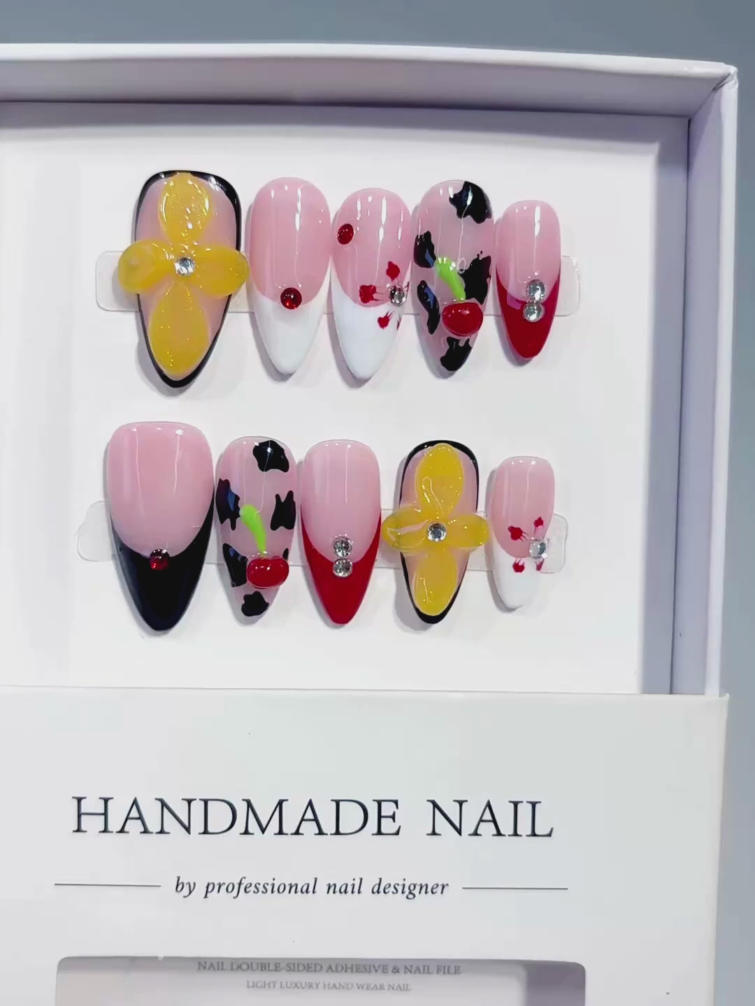Nude Pink Black Red Yellow Abstract Flower Cherry Animal Print press on nails video