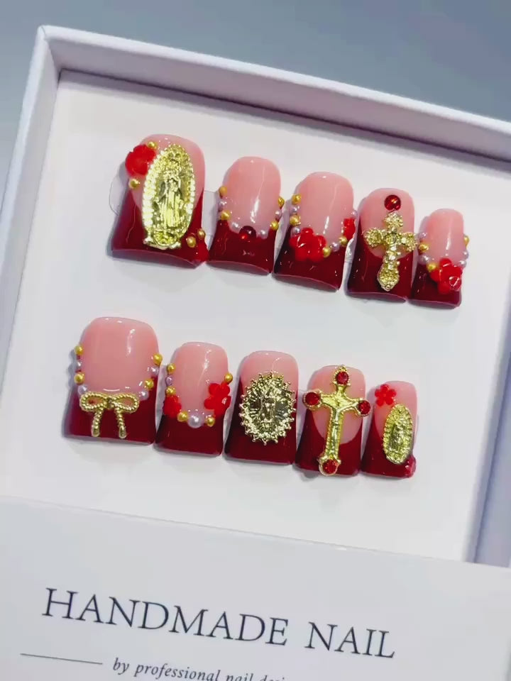 Nude Red Gold Green Abstract Portrait Flower Heart Rhinestone press on nails video